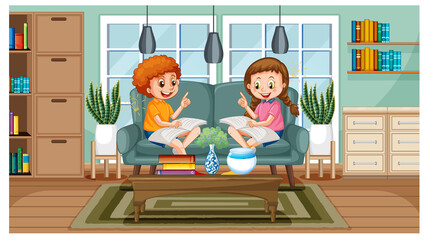 Children reading books at home