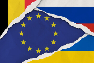 Ukraine, Russia, European union and Belgium flag ripped paper grunge background. Abstract Ukraine Russia politics conflicts, war concept texture background