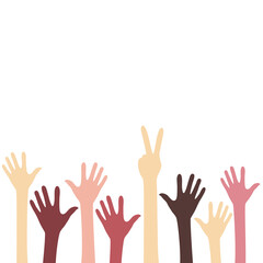 Hands of people with different skin colors and a hand with a peace sign. Inclusion concept. Equality of people.