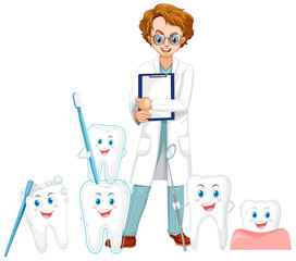 Dentist  with many big teeth on white background