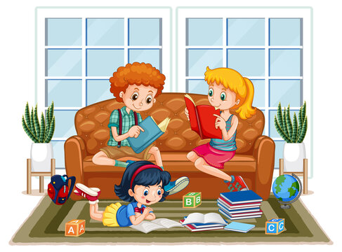 Children reading books at home