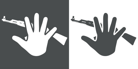 No a la guerra. Silueta de mano sobre Kalashnikov AK-47 en fondo gris y fondo blanco - obrazy, fototapety, plakaty