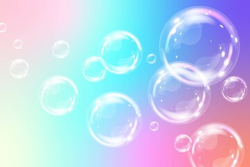 Vector background with realistic soap bubbles on iridescent gradient