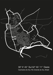 Mapa com fundo preto da cidade de Cachoeira do Sul situada no estado do Rio Grande do Sul no Brésil
