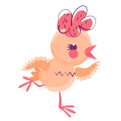 Cheerful chicken dance. Cute bird makes funny gestures. Can be used for social media as sticker or t-shirt print design. Vector illustration.