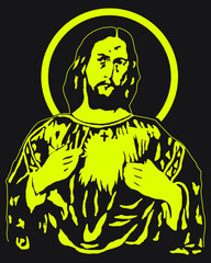Saint. Yellow vector silhouette on a black background.