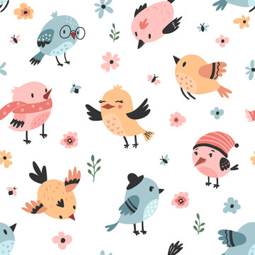 Bird pattern, childish seamless background. Perfect for fabric, textile, wrapping, wallpaper, apparel. Hand drawn vector illustration
