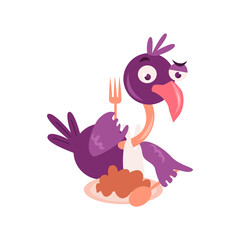 Hungry bird eats. Lunch time. Can be used for social media as sticker, t-shirt print design. Vector illustration.
