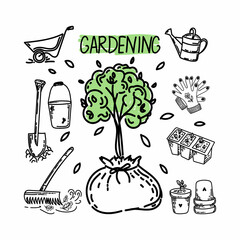 A set of gardening, hand-drawn doodle-style elements. Planting young trees. Work in the garden. Tools for the garden. Simple linear vector style for logos, icons and emblems.