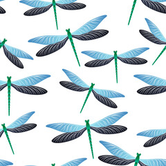 Dragonfly vintage seamless pattern. Spring dress fabric print with flying adder insects. Garden