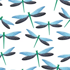 Tapeten Vintage-Stil Nahtloses Muster der Libellenweinlese. Frühlingskleid Stoffdruck mit fliegenden Kreuzottern. Garten