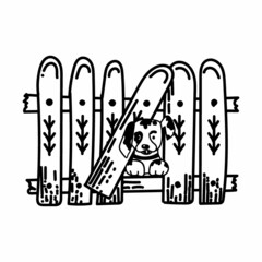 A fence and a cute dog, a hand-drawn doodle-style element. Fence boards with pattern. Wooden fence. Dog peeking out between the fence boards. Simple vector in linear style for logos, icons and emblems