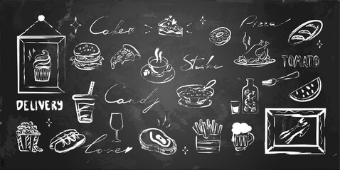 Vector Fastfood and cafe menu set with handwritten words and frames. White chalk lines on blackboard, chalkboard. - obrazy, fototapety, plakaty