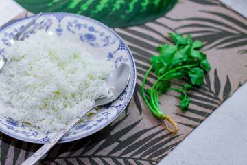Steamed rice in an ancient plate and Stewed Eggs, Thai food and street food that are common in Thailand.