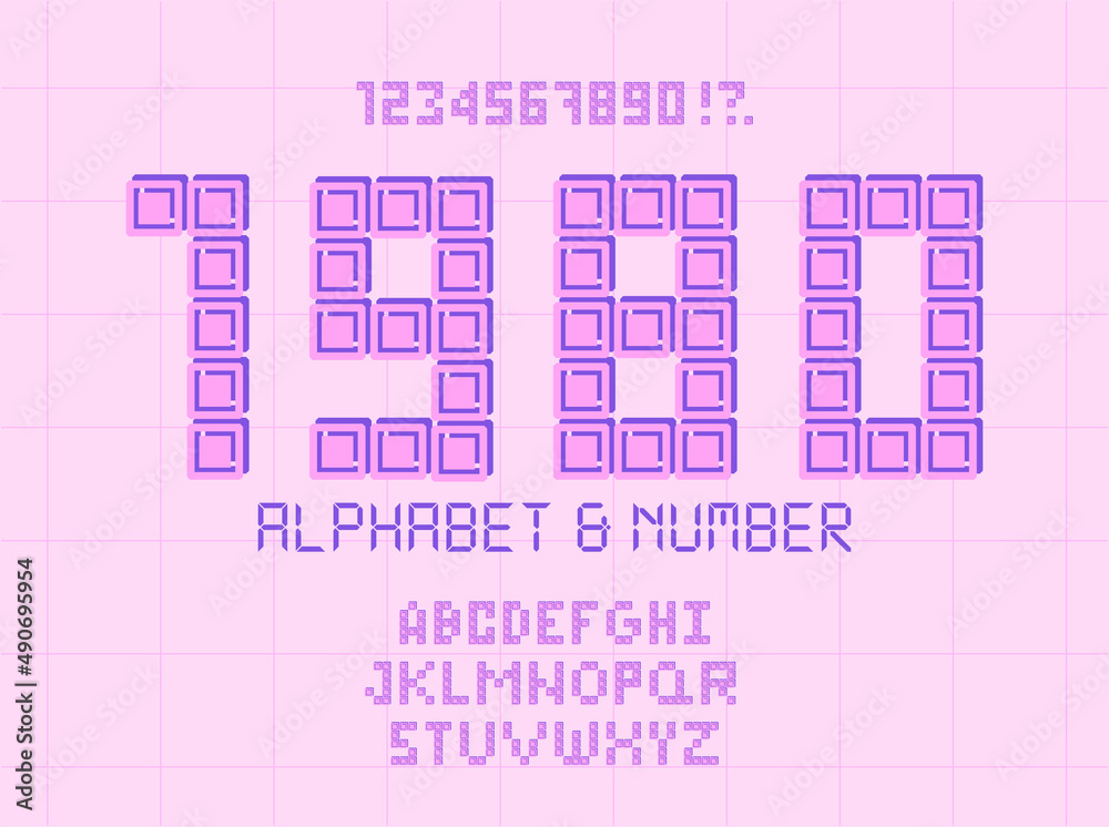 Fototapete Retro pixel font. Letters and numbers in the style of gaming 80s, 90s. Flat digital pixel style. Old classic videogame or level final. Vector illustration.