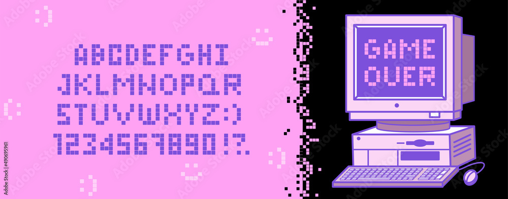 Fototapete retro pixel font. letters and numbers in the style of gaming 80s, 90s. flat digital pixel style. old