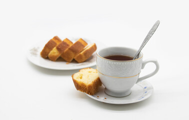 pound cake with tea isolate on white background.