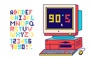 Retro pixel font. Letters and numbers in the style of gaming 80s, 90s. Flat digital pixel style. Old classic videogame or level final. Vector illustration.