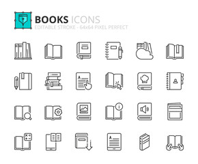 Simple set of outline icons about books.