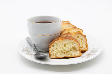 cake with tea isolate on white background.