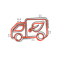Eco truck icon in comic style. Ecology shipping cartoon vector illustration on white isolated background. Van and leaf splash effect sign business concept.