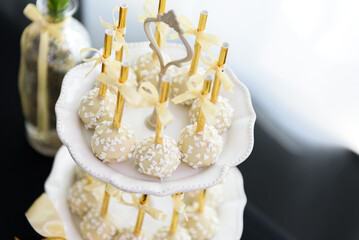 Handmade tasty cake pops on a sweet table at a wedding party