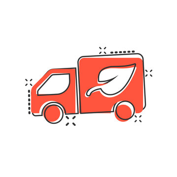 Eco truck icon in comic style. Ecology shipping cartoon vector illustration on white isolated background. Van and leaf splash effect sign business concept.