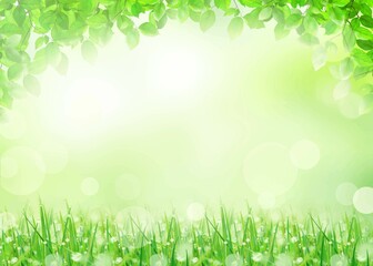 Fototapeta na wymiar 光に反射する美しい露の玉の付いた春の若草と植物のぼやけた緑の爽やかシンプルイラスト素材