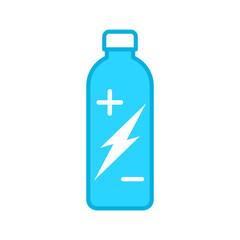 Electrolyte drink bottle icon. Electrolyte enriched product. Beverage container with electric ions. Mineral water sign. Replenish body minerals. Body fluid balance. Vector illustration, flat, clip art