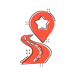 Map pin icon in comic style. gps navigation cartoon vector illustration on white isolated background. Locate position splash effect business concept.