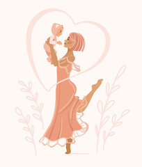 Smiling mother holding her baby in her arms. Greeting card. Mothers Day. Motherhood. Love. Vector.