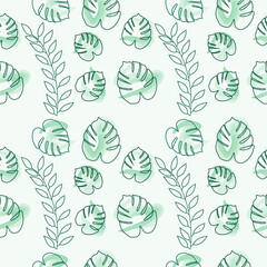 seamless pattern monstera outline green