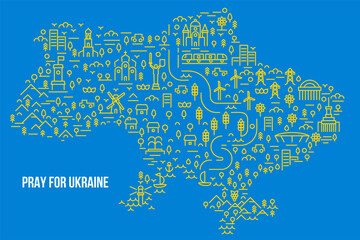 Ukrainian map silhouette of elements in blue and yellow color. Abstract patriotic concept art. Idea to explain war between Russia and Ukraine. Creative vector illustration.