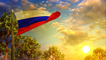 waving flag of Russia at sunset for anthem day - abstract 3D rendering
