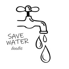 Dripping water, faucet with dripping water. Illustration of  dripping plumbing faucet in the style of doodles in vector format, suitable for use on the Internet, print or advertising.