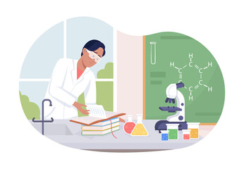 Male scientist 2D vector isolated illustration. School education. High school student flat character on cartoon background. Chemistry class colourful scene for mobile, website, presentation