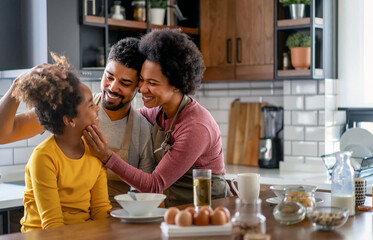 Happy african american family preparing healthy food together in kitchen