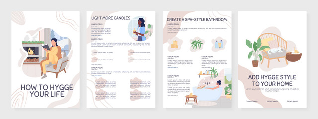 How to hygge your life flat vector brochure template. Scandinavian style booklet, leaflet printable flat color designs. Simple magazine page, reports kit with text space. Sniglet, Comfortaa fonts used © IMGvisualsCharacters