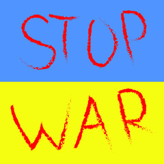 Hand-drawn in vector and isolated on a white background, the Ukrainian flag with a red inscription imitating real paint with a call to stop the war. The armed conflict in Ukraine must be stopped!
