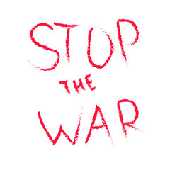 Hand-drawn in vector and isolated on a white background, the Ukrainian flag with a red inscription imitating real paint with a call to stop the war. The armed conflict in Ukraine must be stopped!
