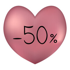 Heart and Sale. Pink heart. Seasonal discount -50% for Valentines Day. Colored vector illustration. Symbol of love. Holiday sale. Isolated background. Idea for web design, banner.