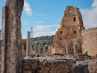 Fototapeta premium Ruins of Hellenic city gates of ancient Greek city Perge Perga once capital of Pamphylia with marble columns in Antalya Turkey