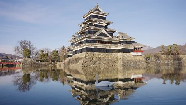 Matsumoto Castle on Winter Day, Castle Reflecting on Moat, Establishing Shot