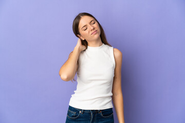 Young Lithuanian woman isolated on purple background with neckache