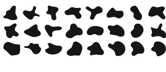Set of abstract organic shapes. 24 abstract organic blobs.  Black abstract shapes, organic blobs and blotch of irregular shape. Inkblot silhouettes, simple liquid splodge elements. 