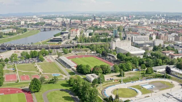 Aerial drone flight over Sportpark Ostra in Dresden