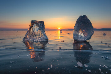 Sunset on frozen Lake Baikal