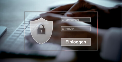 Login-Fenster fragt nach Benutzername und Passwort, daneben ein Abwehrschild mit Schlüsselloch, im...