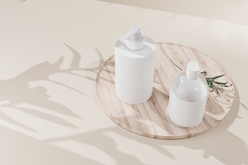 3D render mock up, a set of Aroma spa products container on a natural Wooden plate