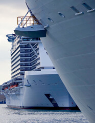 Mega modern MSC cruiseship or cruise ship liner in port of Valletta, Malta island with panoramic...